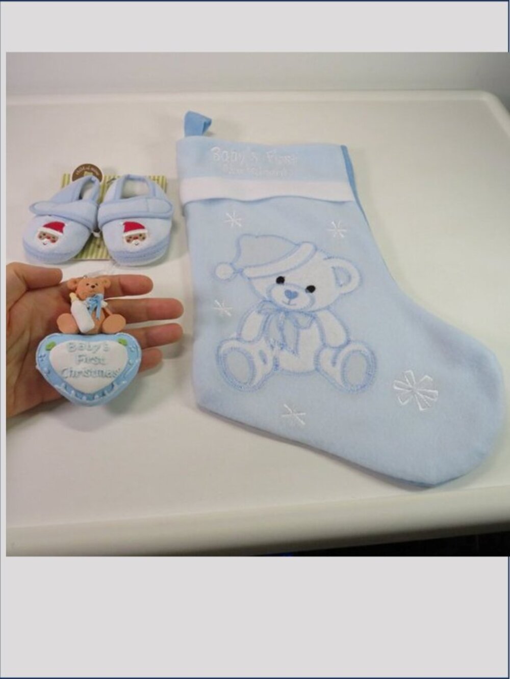 Baby Boy 1st Christmas Set Stocking Carter's Santa Shoes Clay Bear Ornament Lot